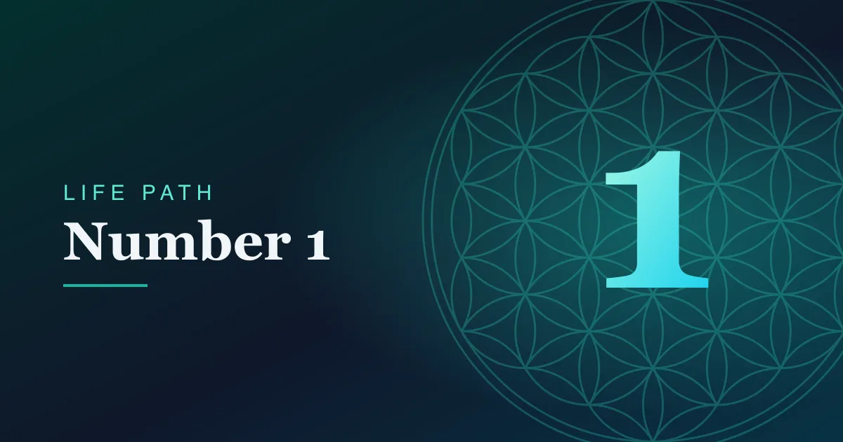 Life Path number 1 card with a Flower of Life pattern on a teal gradient.