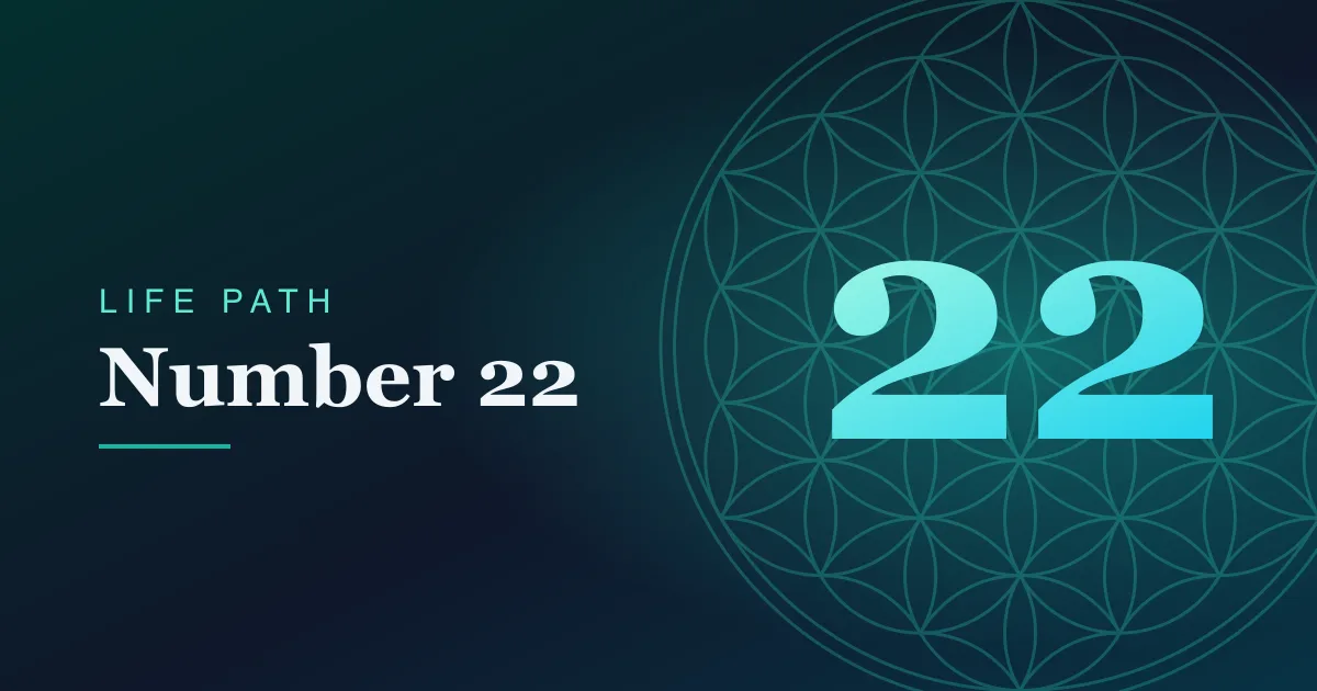 Life Path number 22 card with a Flower of Life pattern on a teal gradient.