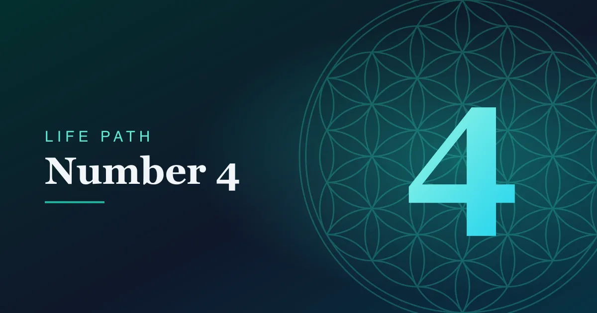 Life Path number 4 card with a Flower of Life pattern on a teal gradient.