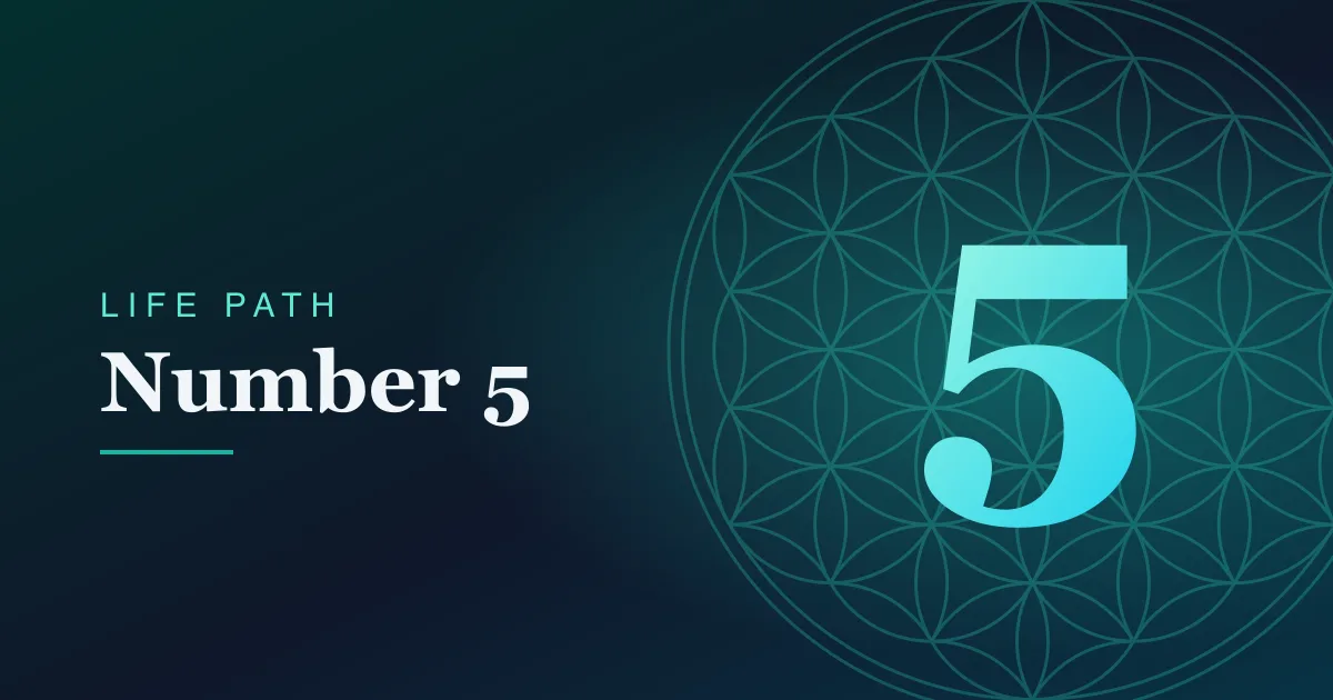 Life Path number 5 card with a Flower of Life pattern on a teal gradient.