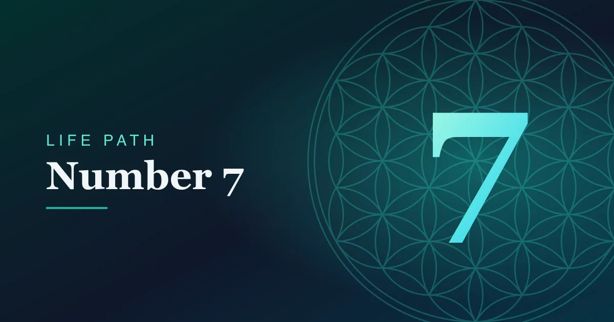 Life Path number 7 card with a Flower of Life pattern on a teal gradient.