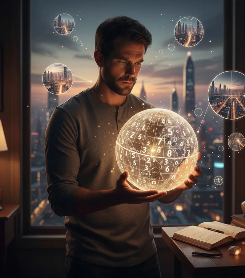 A man holding a glowing sphere covered in numbers.