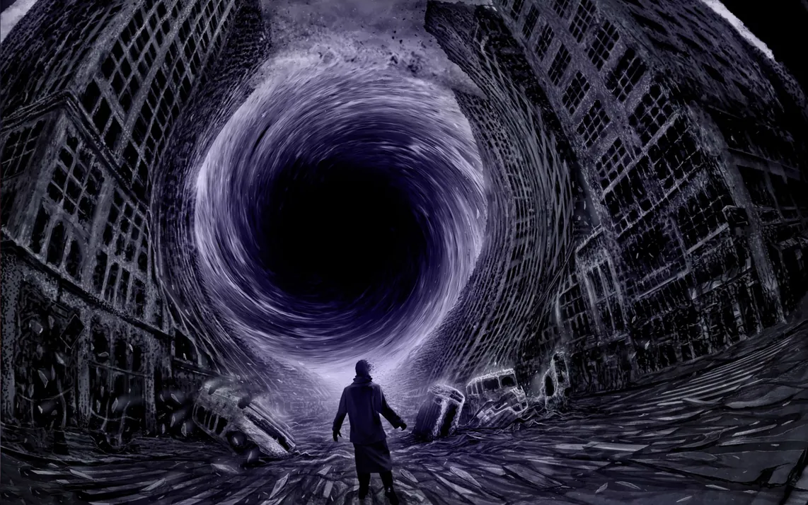 A lone figure walking toward a swirling vortex at the end of a dark street.