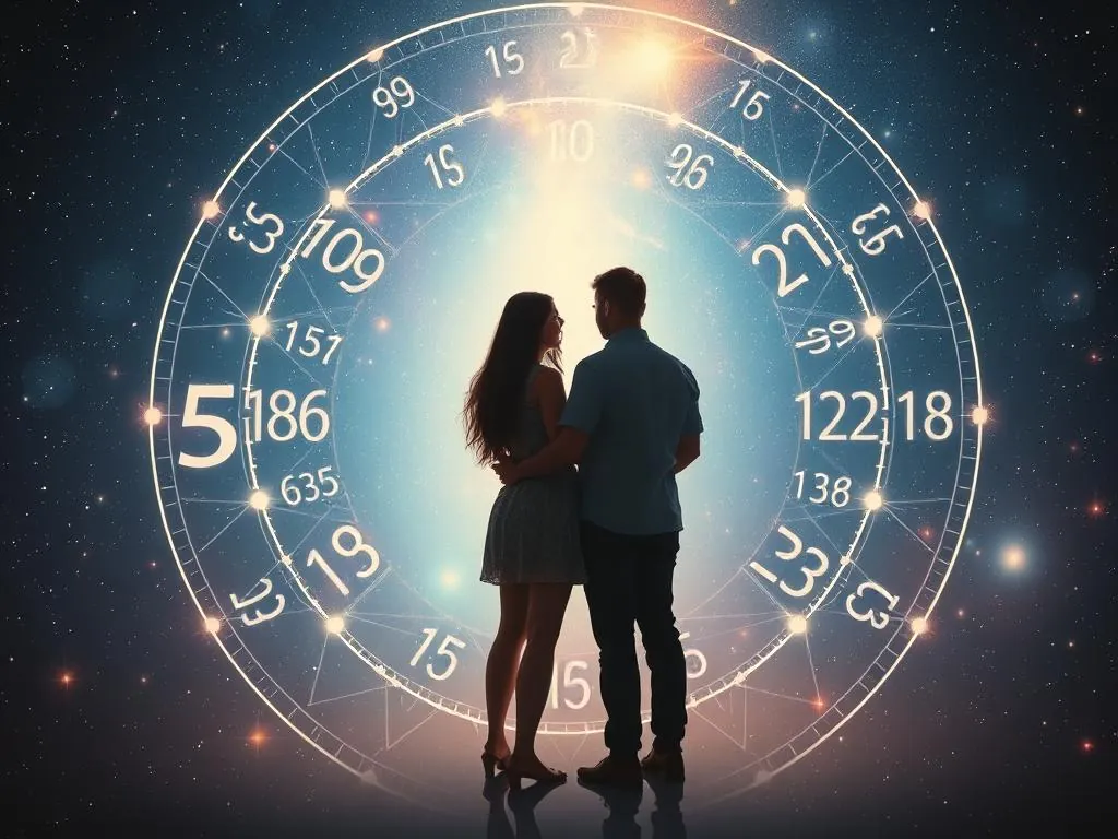 A couple standing in the center of a large glowing number dial.