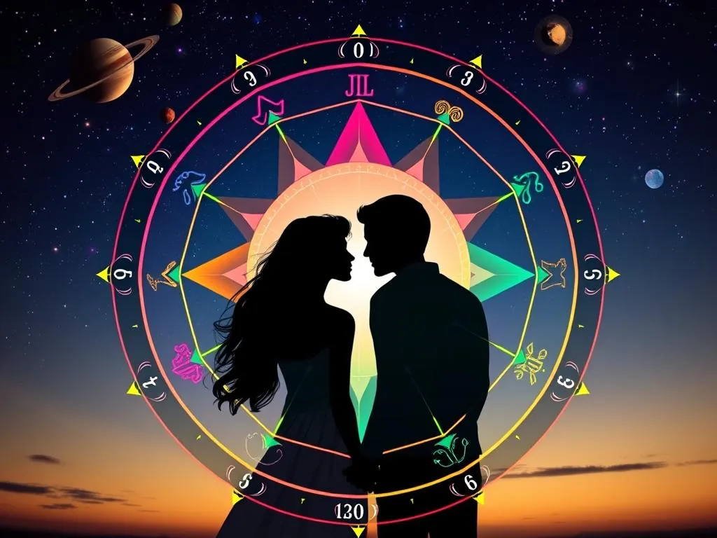 Silhouettes of a couple facing each other inside a glowing numerology wheel.